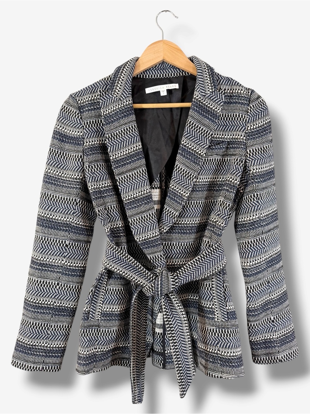Veronica Beard Blue Black Tweed Belted Jacket Size 4 Made in USA